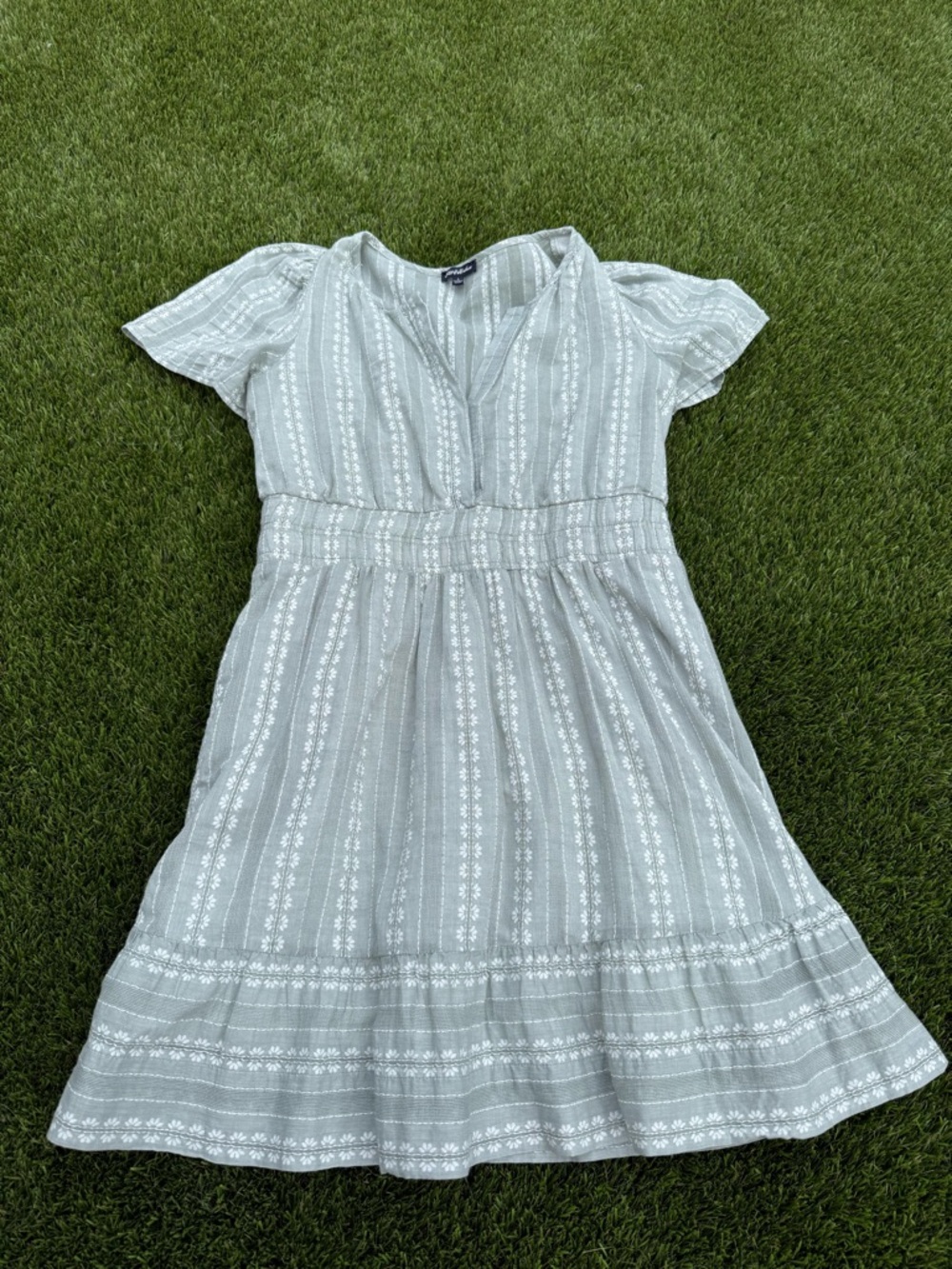 Finders Keepers Sage Green Striped Floral V-Neck Dress
